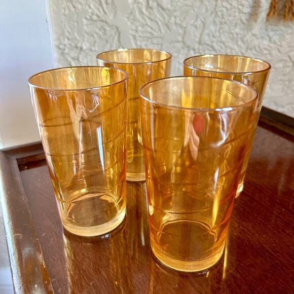 Set of 4 Vintage Jeanette Optic Swirl Carnival Glass Iridescent Marigold Tumbler - Picture 1 of 16